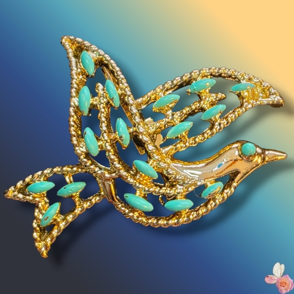 Vintage Gerry’s Gold Tone Bird Brooch Turquoise Cabochons Mid Century 585